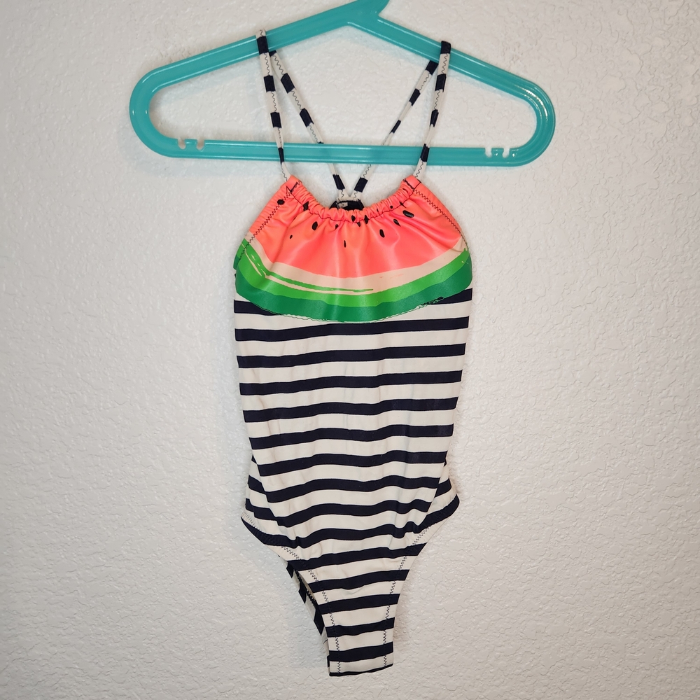 Crewcuts size 4 5 Girls' Watermelon Stripe One-Piece Swimsuit Pink Green Black
